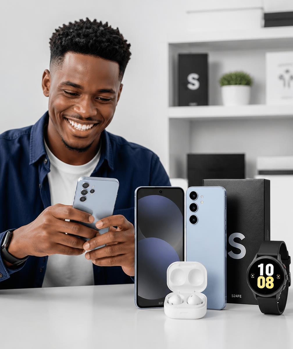 Client africain avec un smartphone et des accessoires électroniques